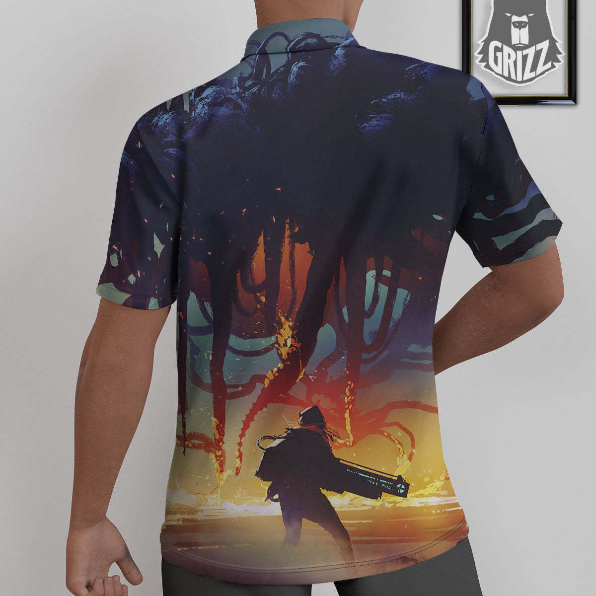 Girl Fight With Alien Octopus Monster Print Untucked Shirts-grizzshop