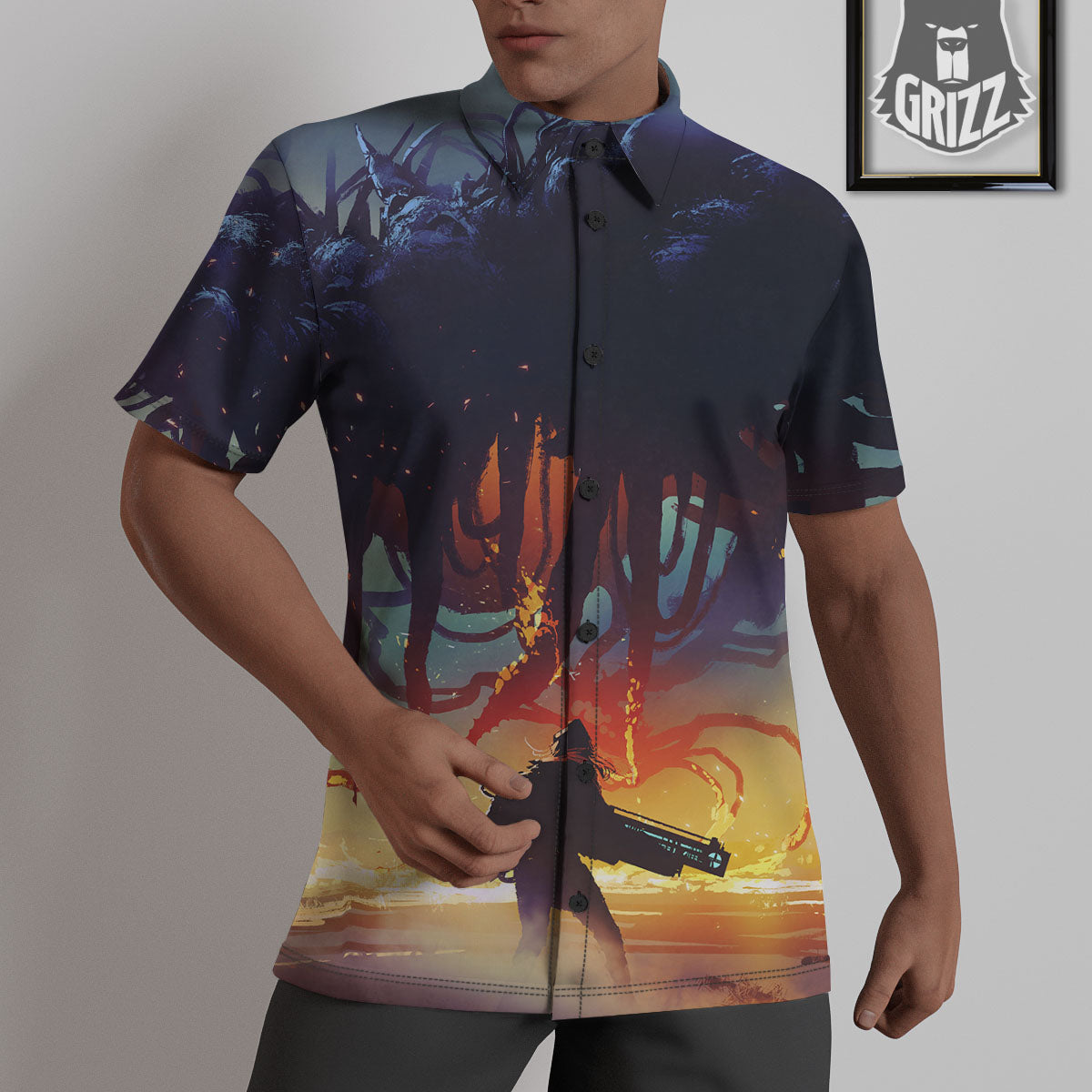 Girl Fight With Alien Octopus Monster Print Untucked Shirts-grizzshop