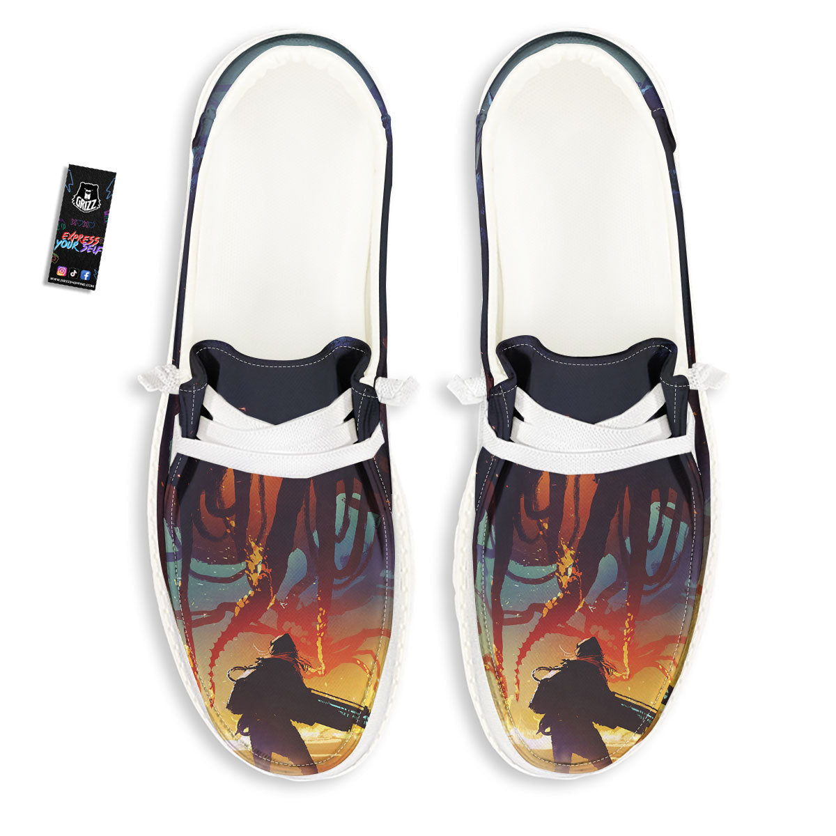 Girl Fight With Alien Octopus Monster Print White Loafers-grizzshop