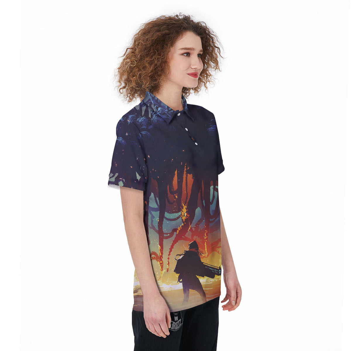Girl Fight With Alien Octopus Monster Print Women's Golf Shirts-grizzshop