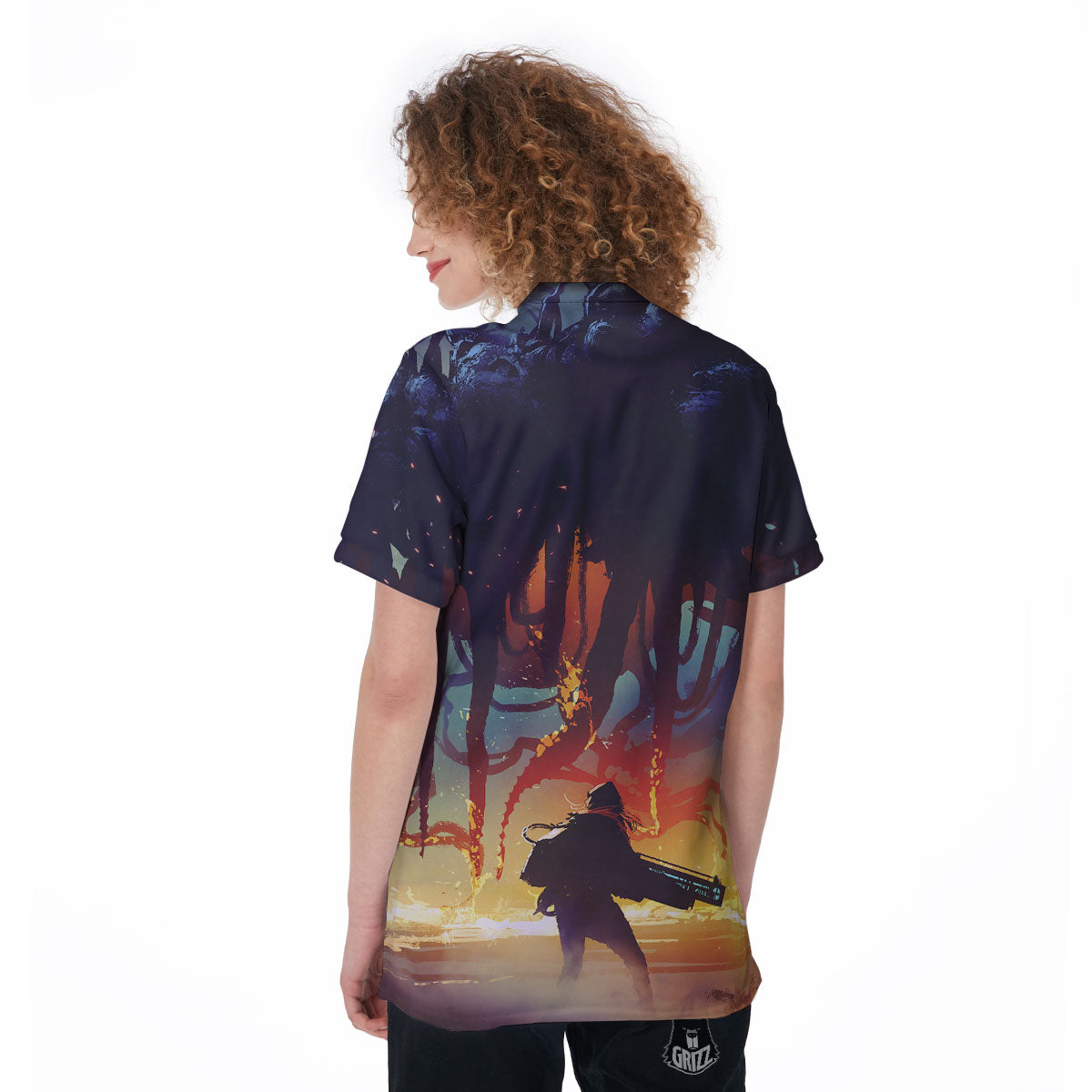 Girl Fight With Alien Octopus Monster Print Women's Golf Shirts-grizzshop