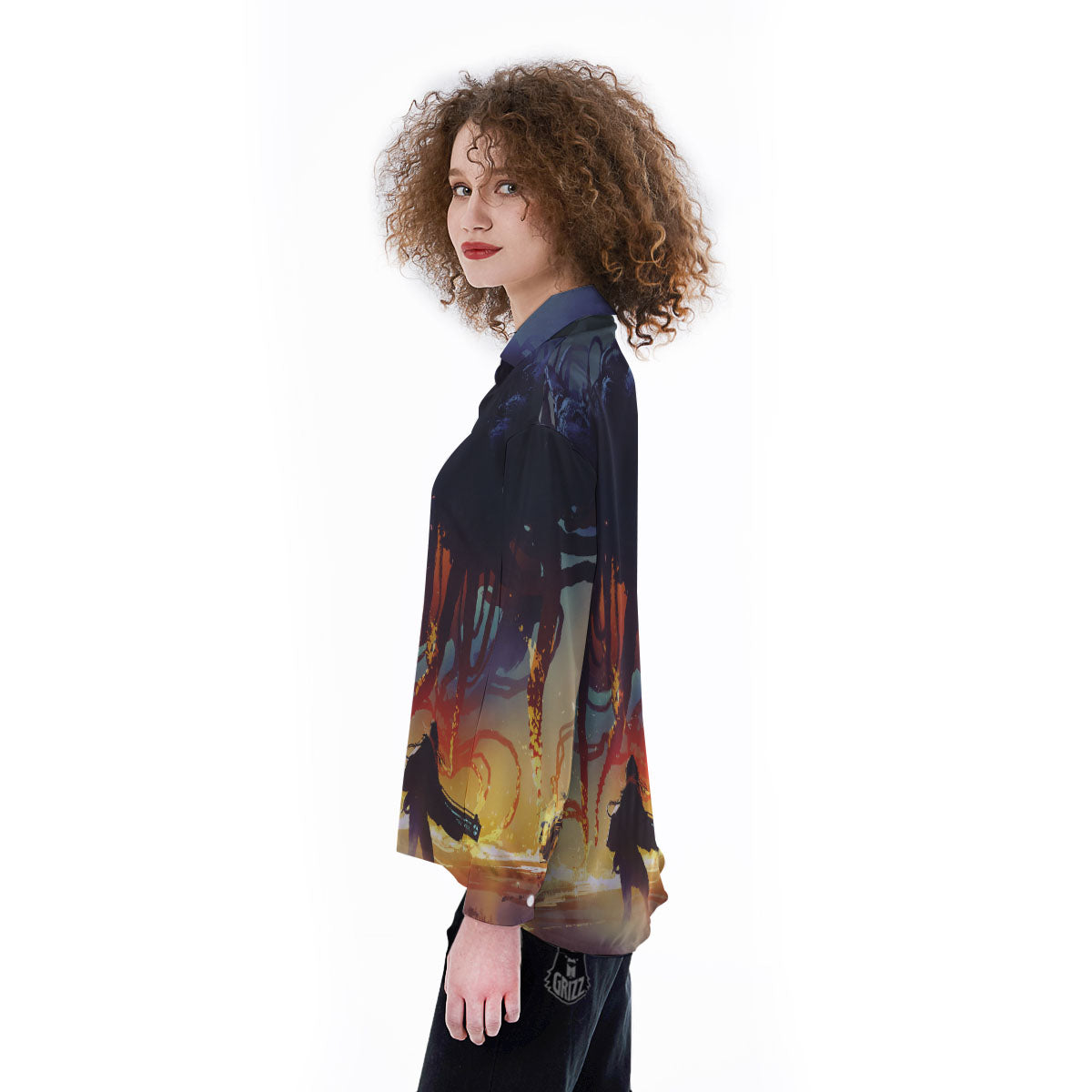 Girl Fight With Alien Octopus Monster Print Women's Long Sleeve Shirts-grizzshop