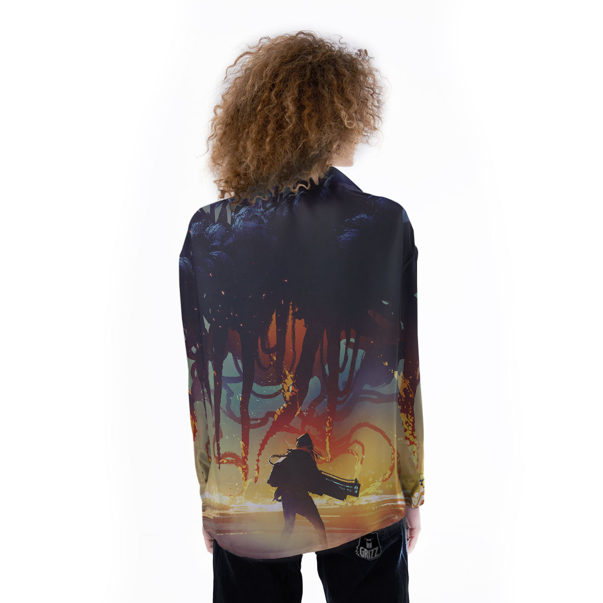 Girl Fight With Alien Octopus Monster Print Women's Long Sleeve Shirts-grizzshop