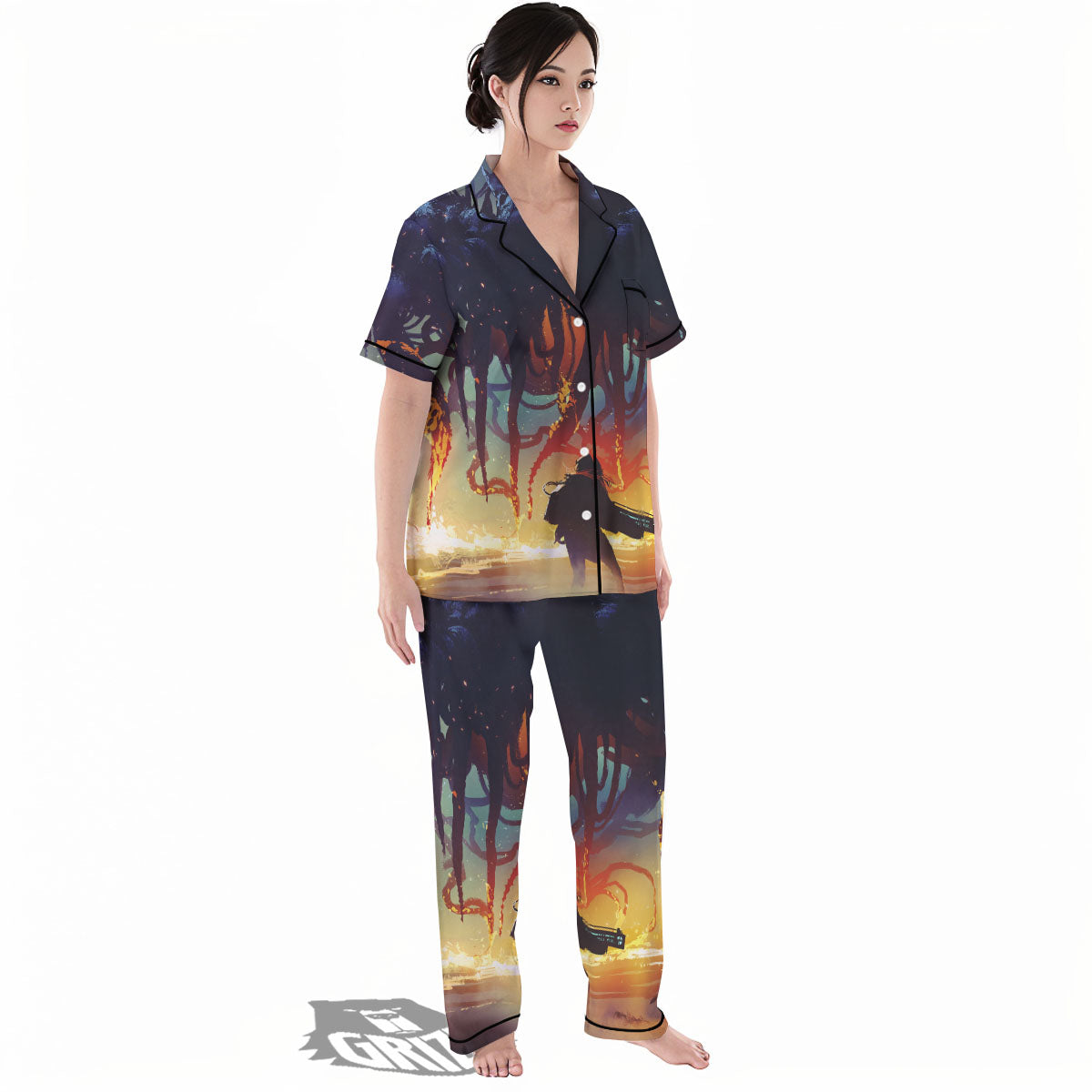 Girl Fight With Alien Octopus Monster Print Women's Pajamas Set-grizzshop