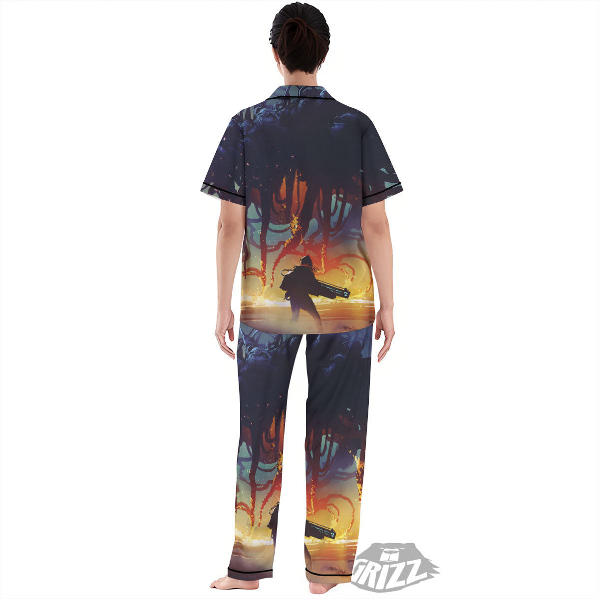 Girl Fight With Alien Octopus Monster Print Women's Pajamas Set-grizzshop