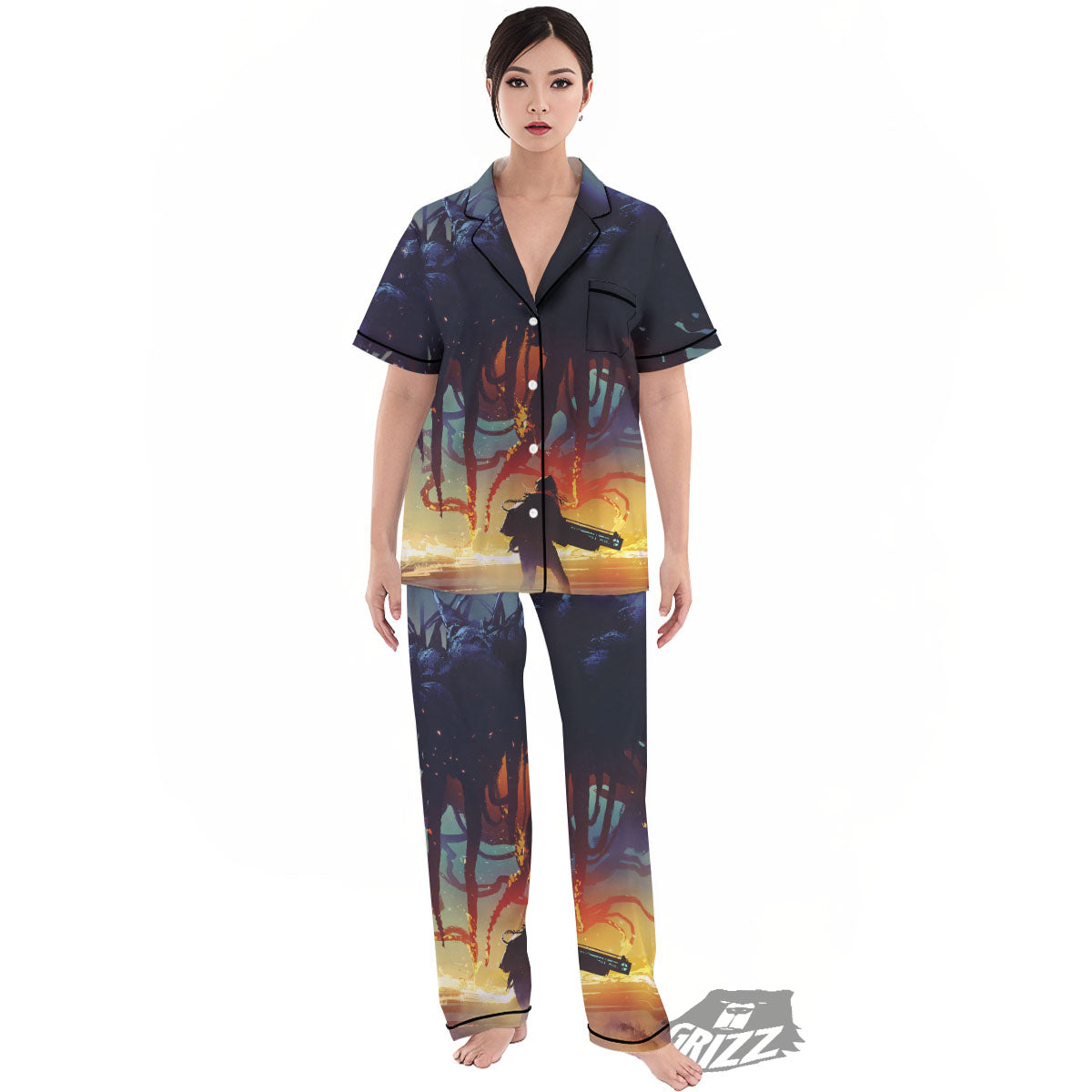 Girl Fight With Alien Octopus Monster Print Women's Pajamas Set-grizzshop