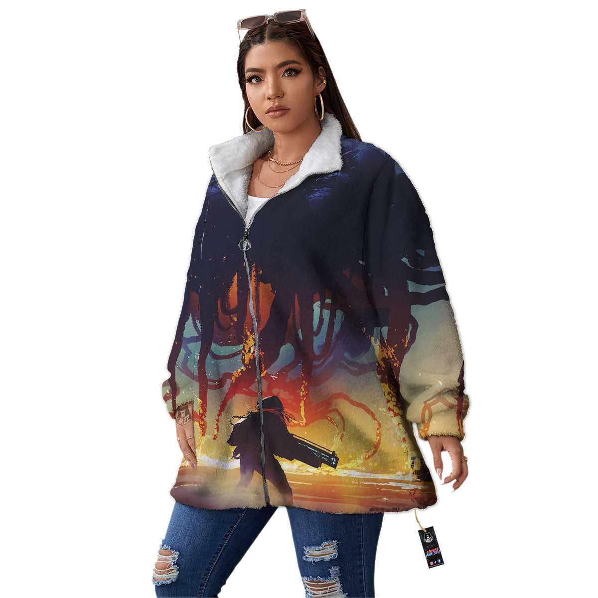 Girl Fight With Alien Octopus Monster Print Women's Sherpa Jacket-grizzshop
