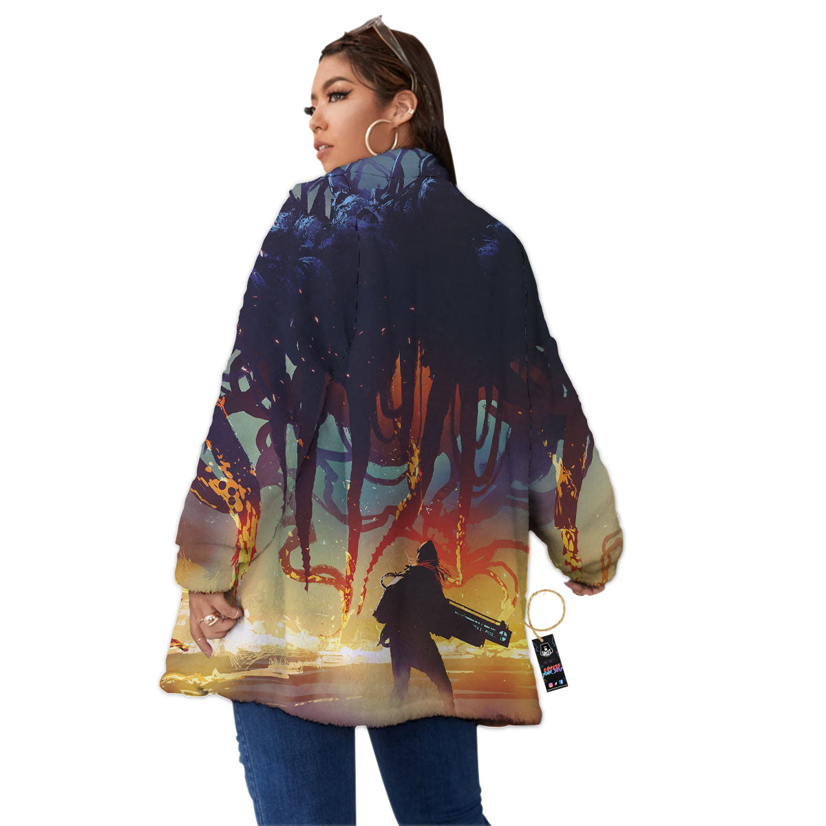 Girl Fight With Alien Octopus Monster Print Women's Sherpa Jacket-grizzshop