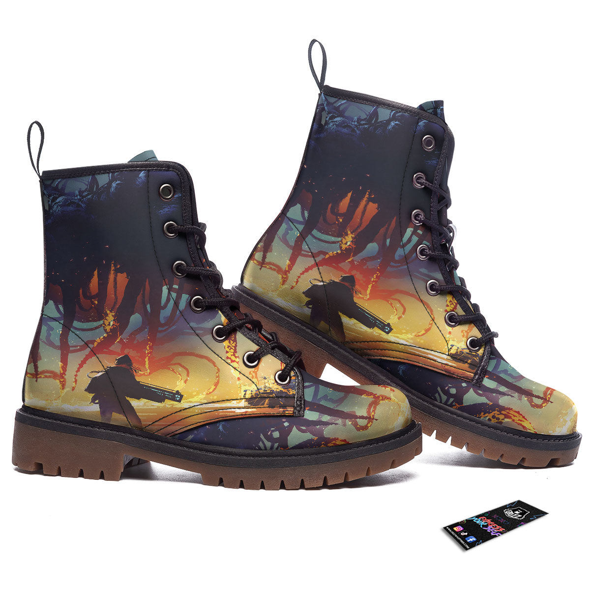 Girl Fight With Alien Octopus Monster Print Work Boots-grizzshop
