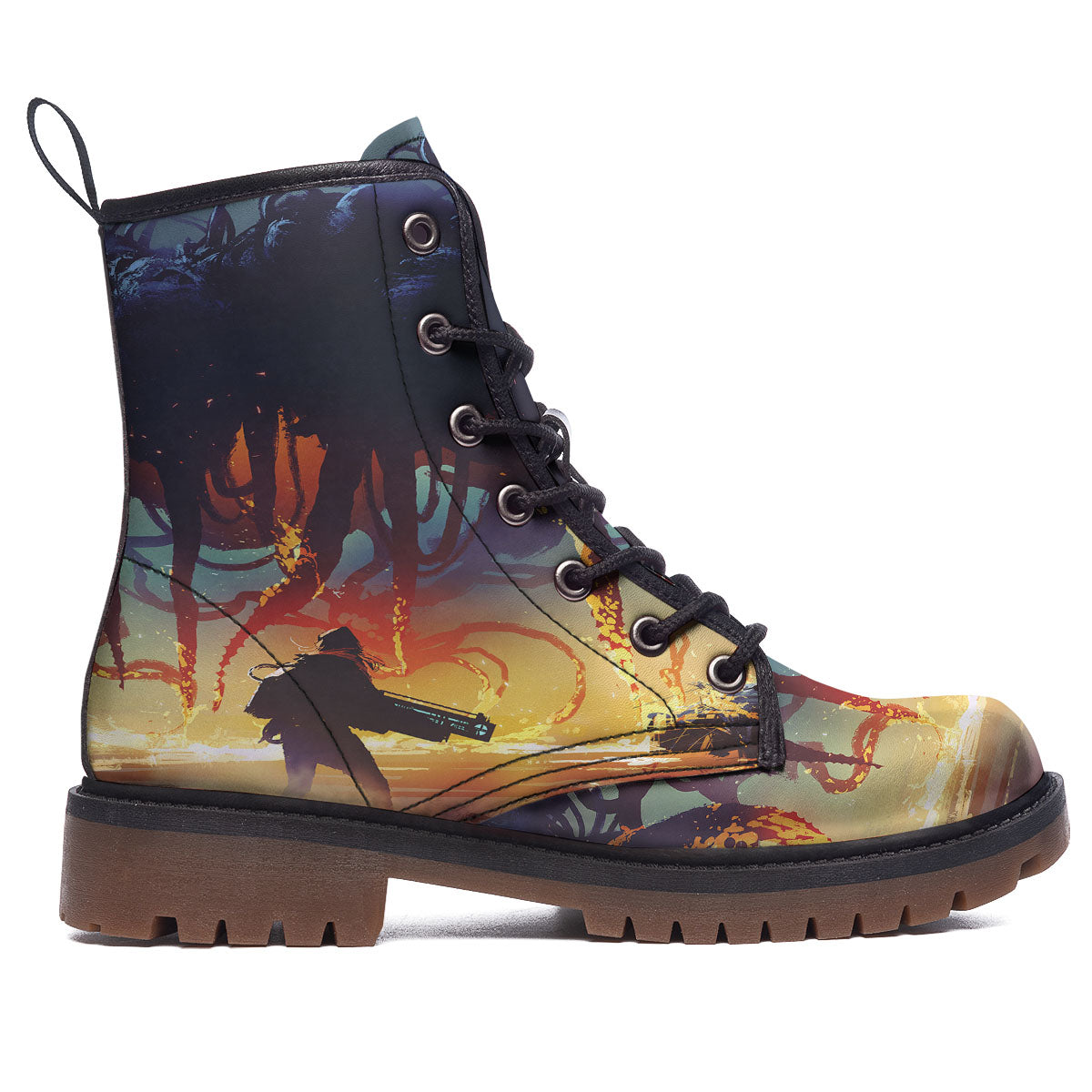 Girl Fight With Alien Octopus Monster Print Work Boots-grizzshop