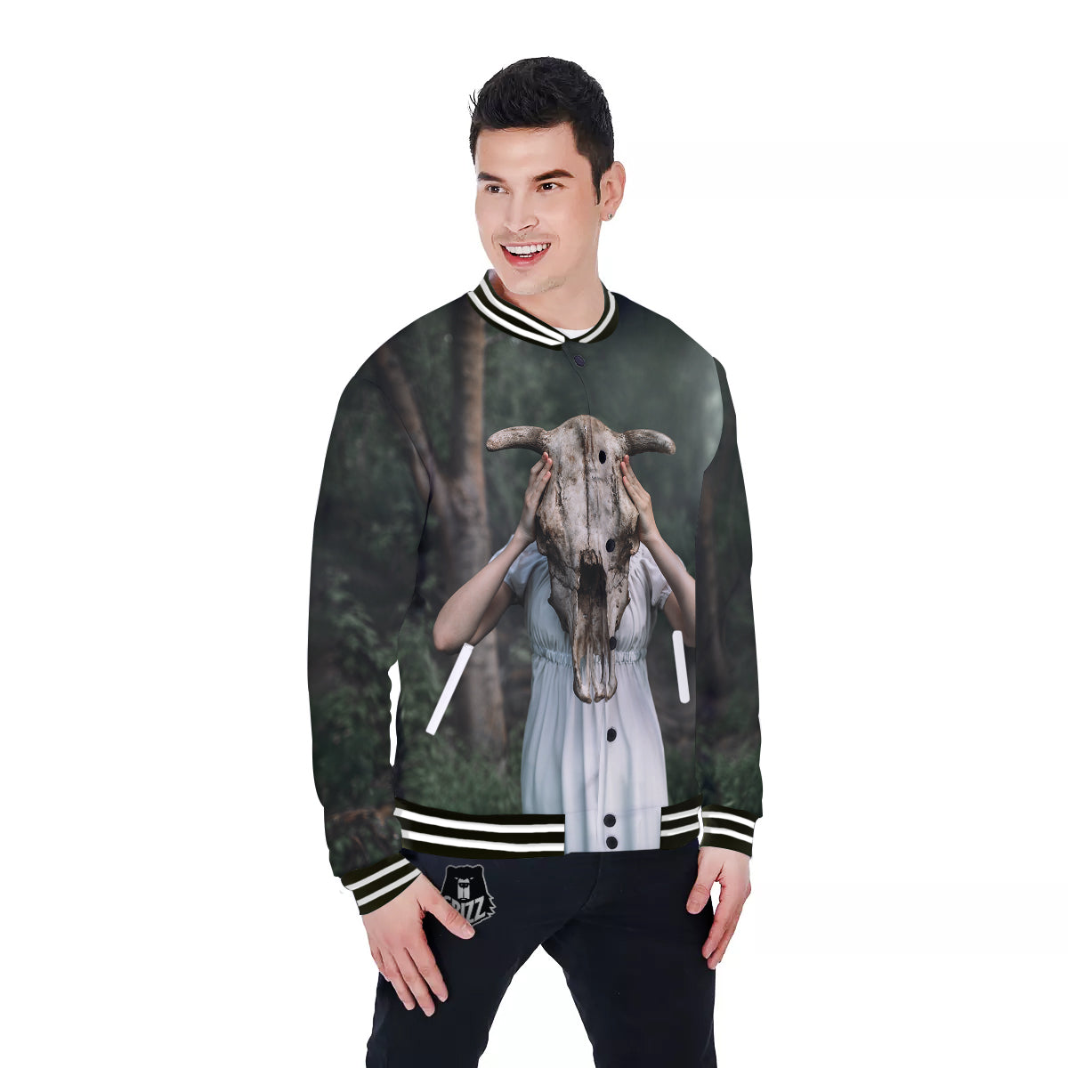 Girl With Animal Skull Print Baseball Jacket-grizzshop