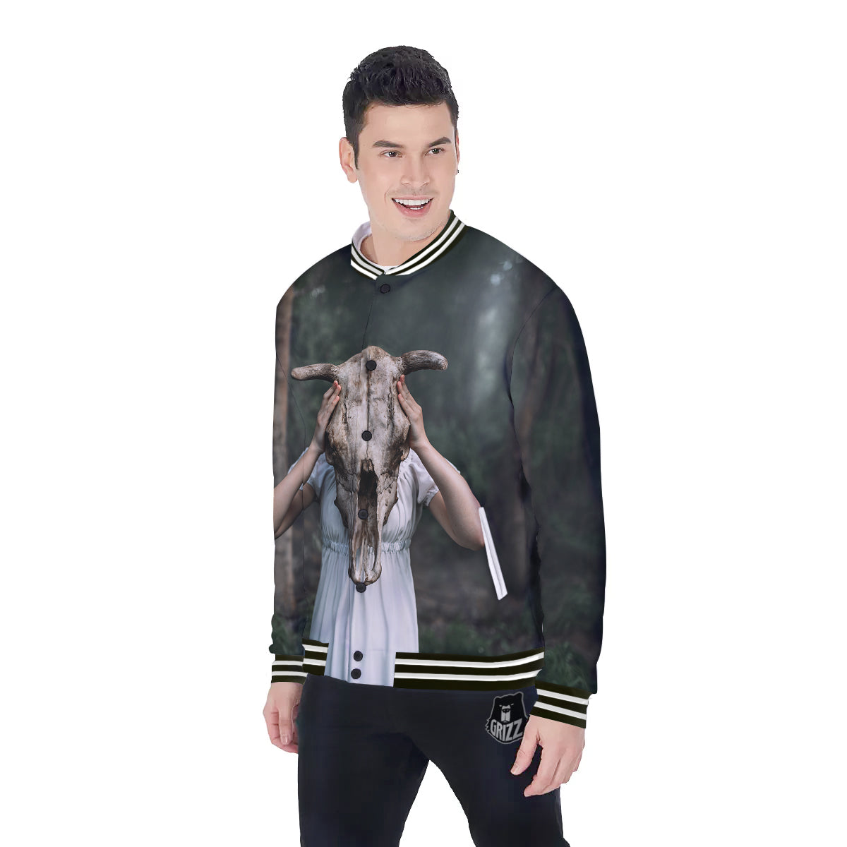 Girl With Animal Skull Print Baseball Jacket-grizzshop