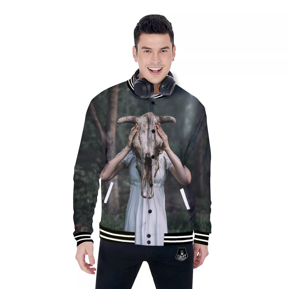 Girl With Animal Skull Print Baseball Jacket-grizzshop