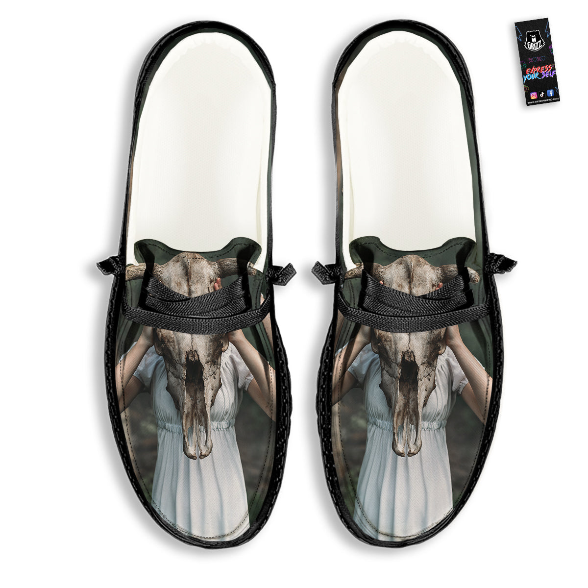 Girl With Animal Skull Print Black Loafers-grizzshop