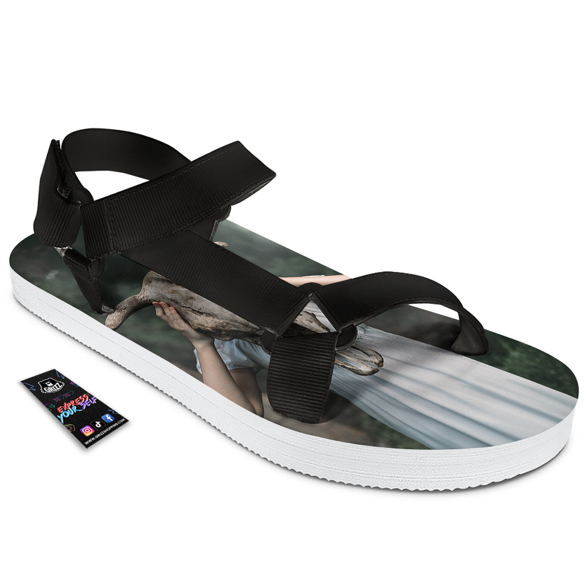 Girl With Animal Skull Print Black Open Toe Sandals-grizzshop