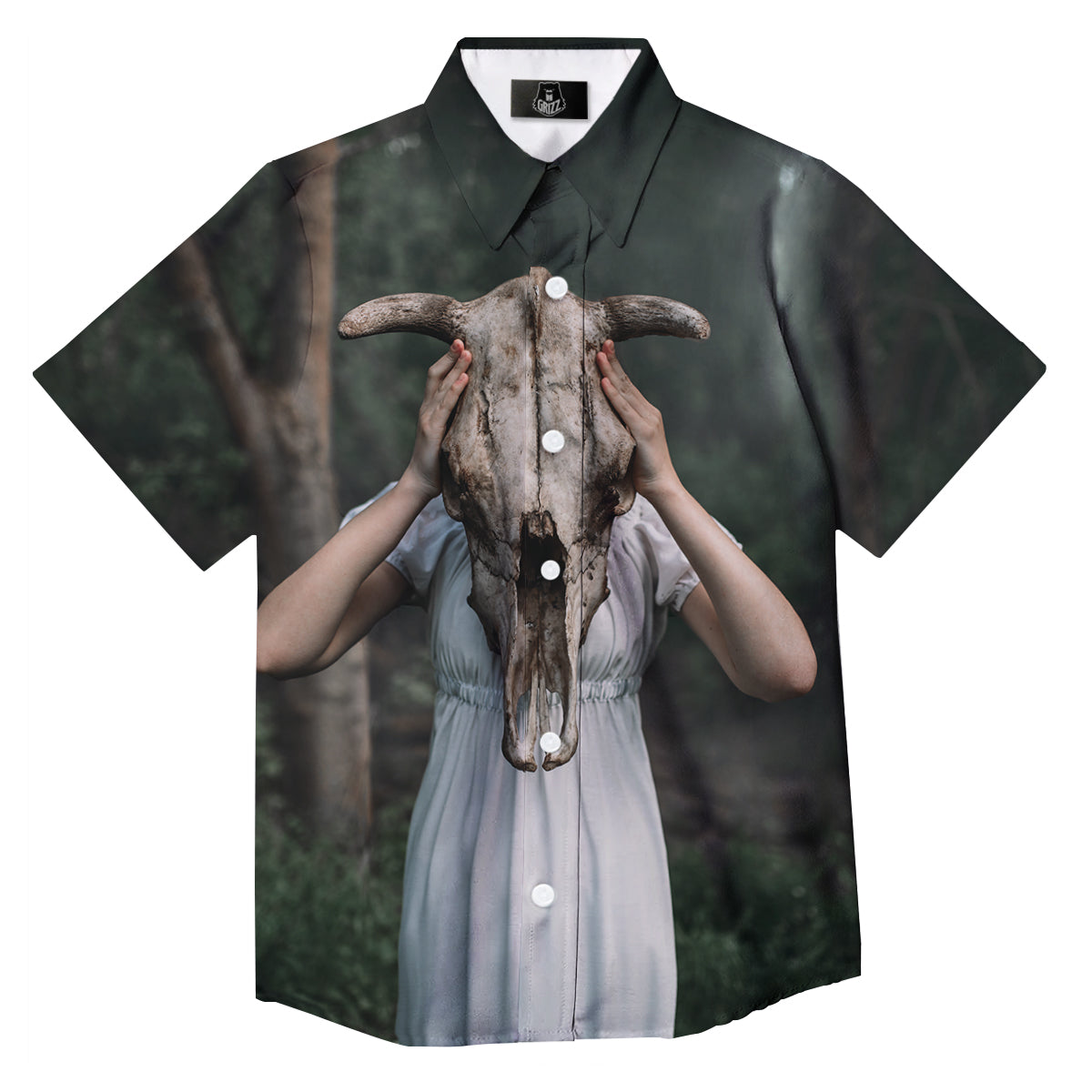 Girl With Animal Skull Print Button Up Shirt-grizzshop