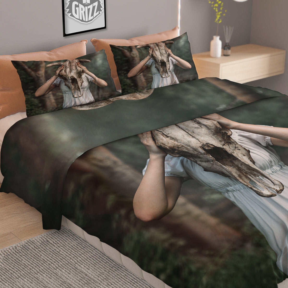 Girl With Animal Skull Print Duvet Cover Bedding Set