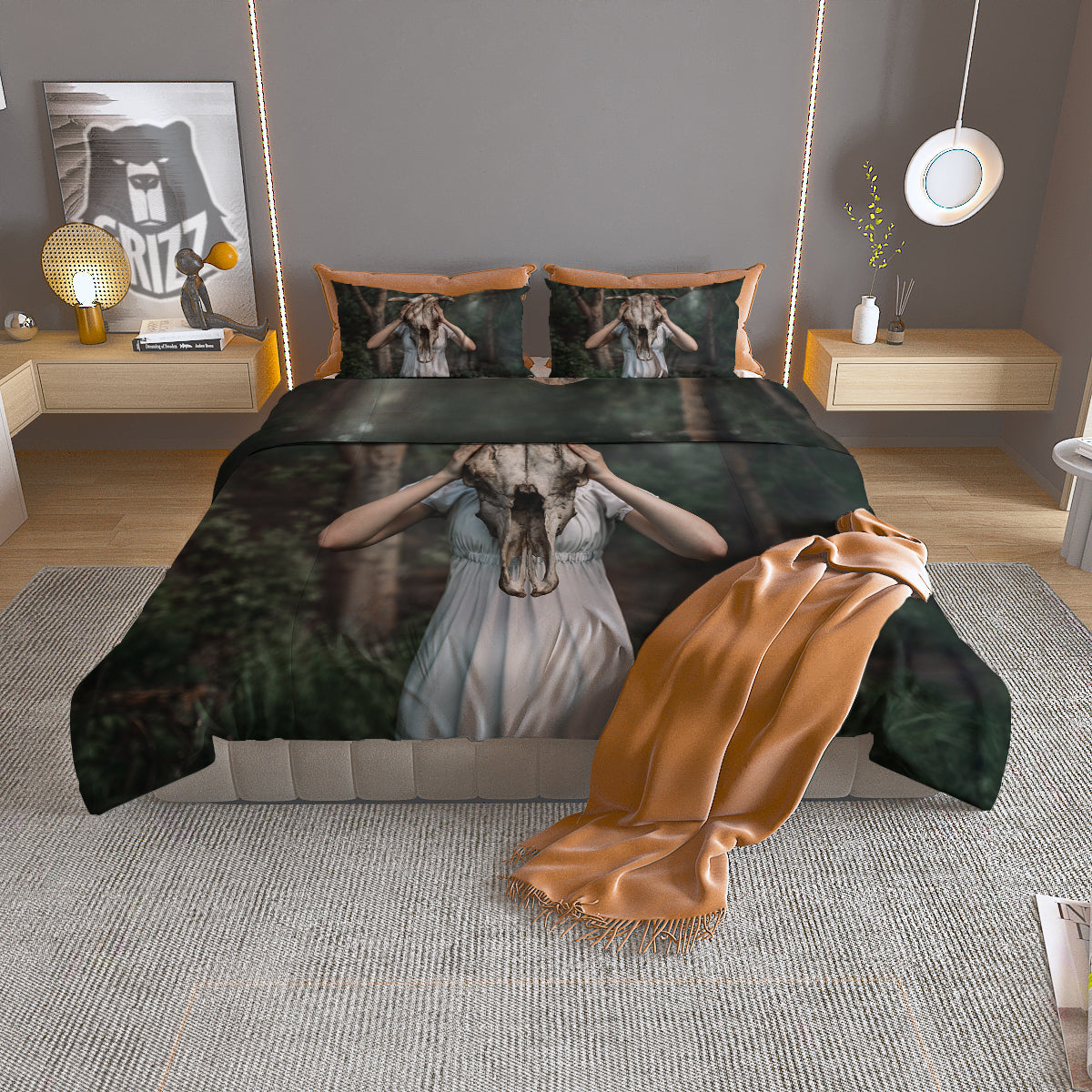 Girl With Animal Skull Print Duvet Cover Bedding Set
