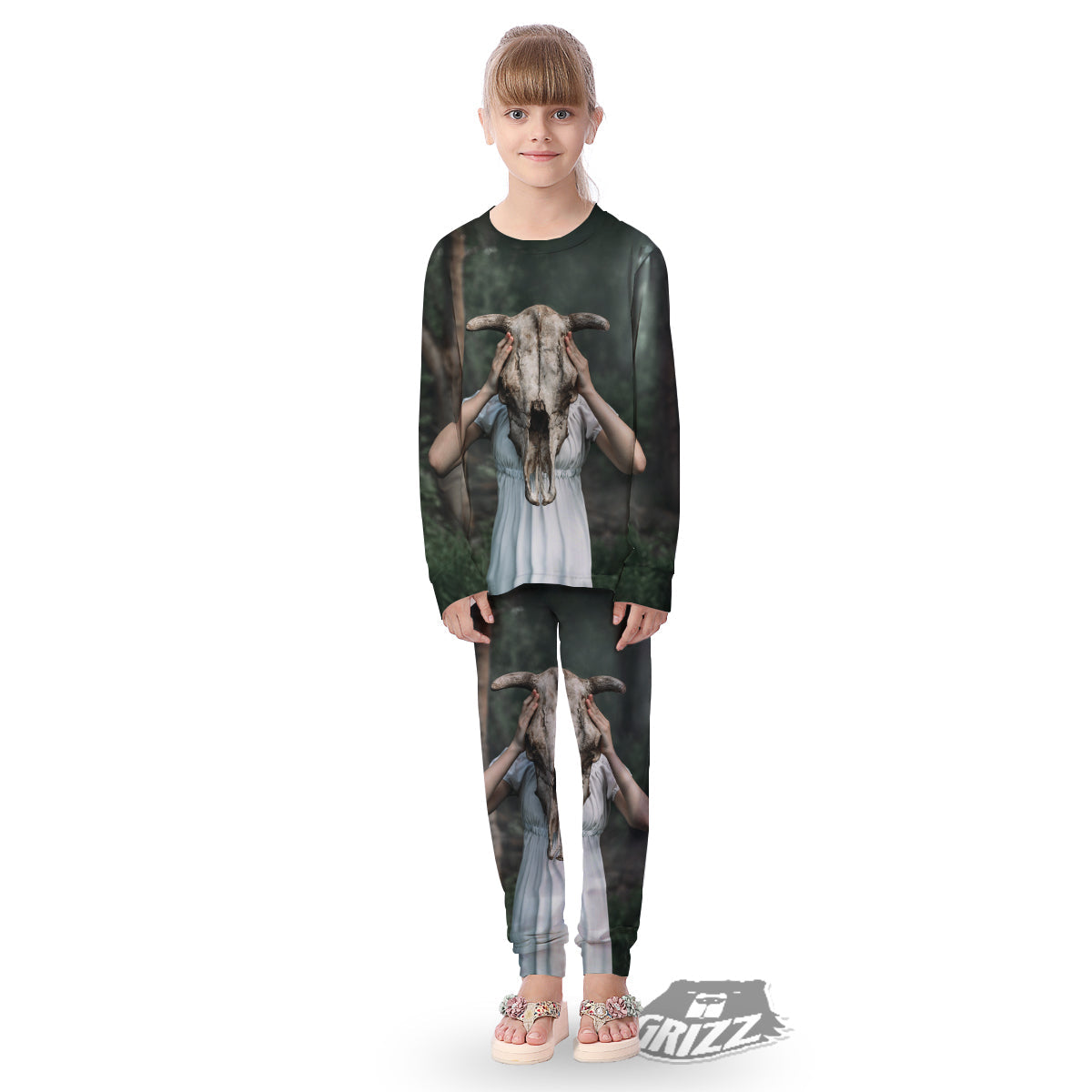 Girl With Animal Skull Print Kid's Pajamas-grizzshop