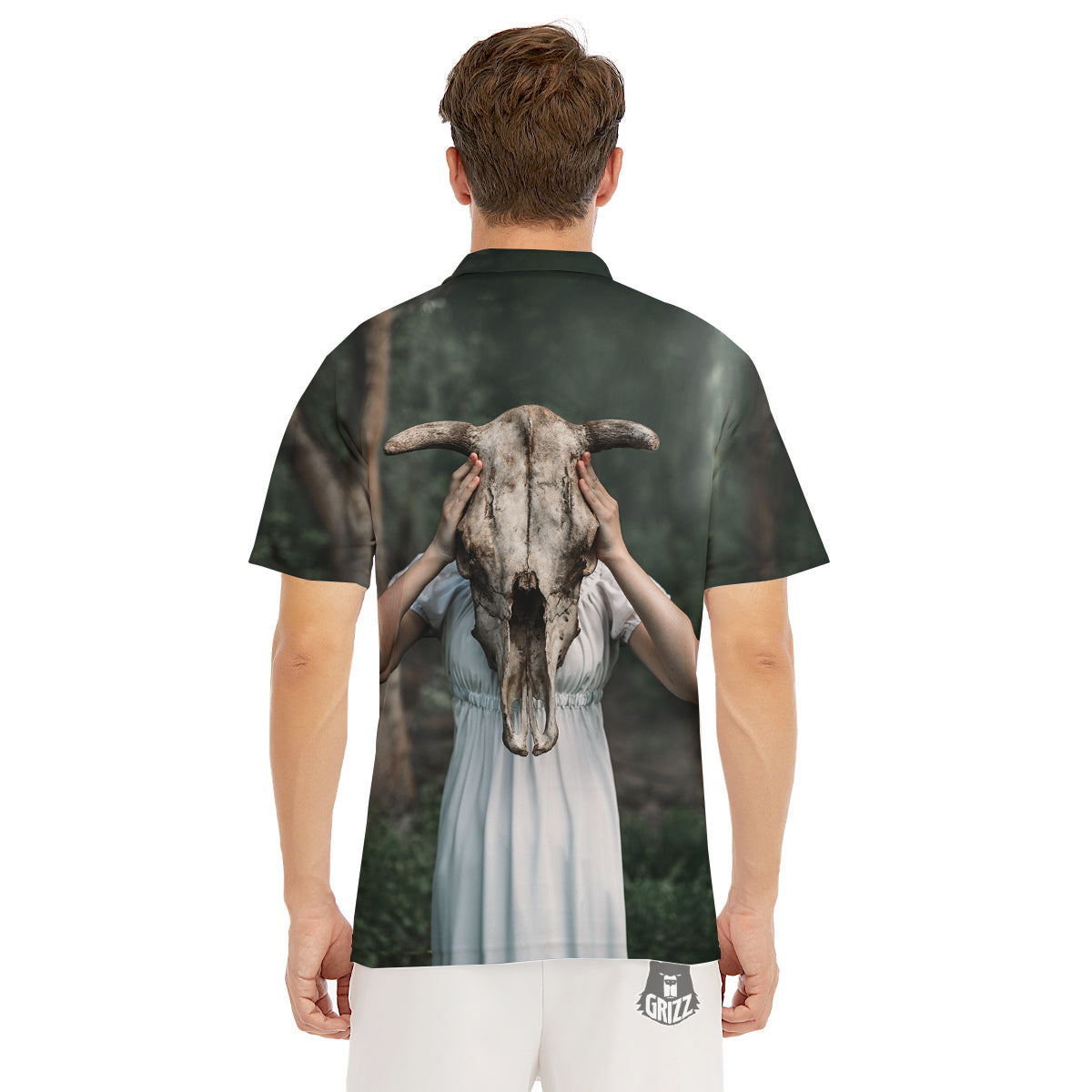 Girl With Animal Skull Print Men's Golf Shirts-grizzshop