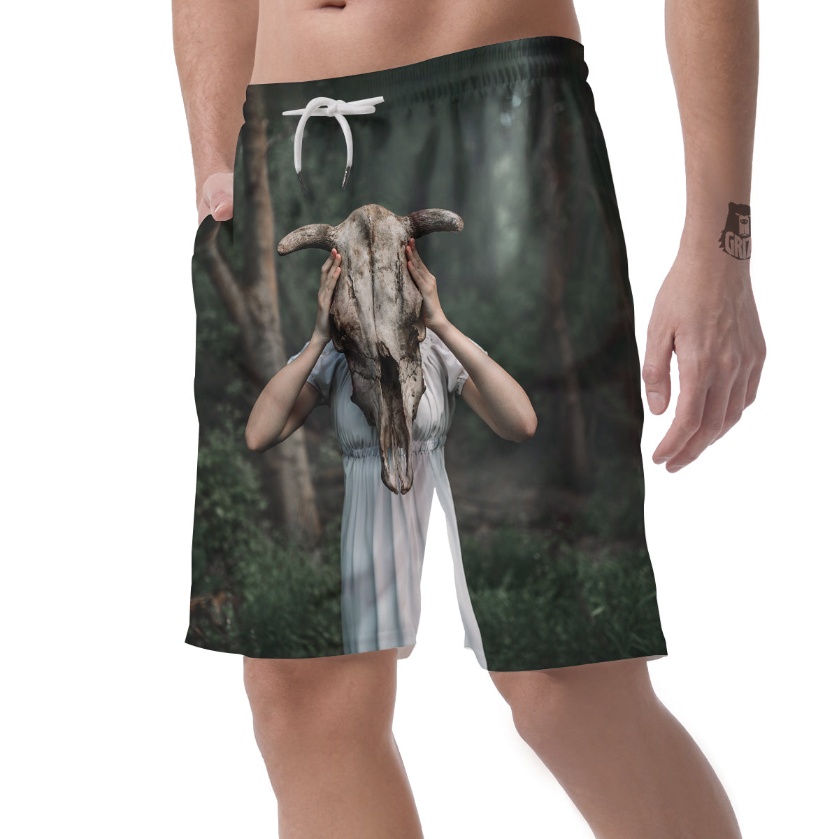 Girl With Animal Skull Print Men's Shorts-grizzshop