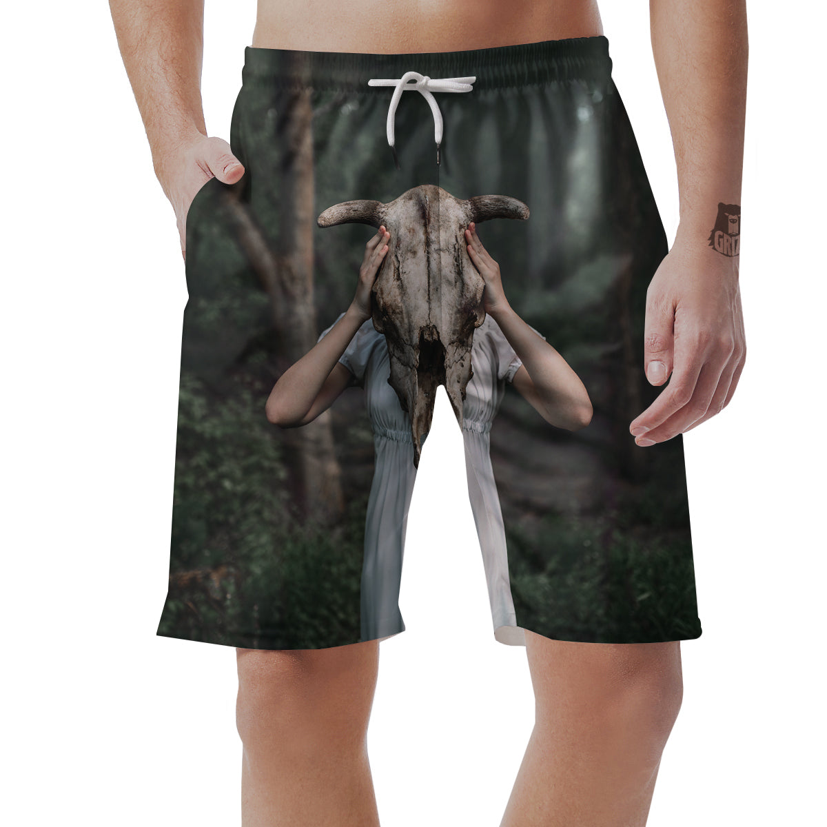 Girl With Animal Skull Print Men's Shorts-grizzshop