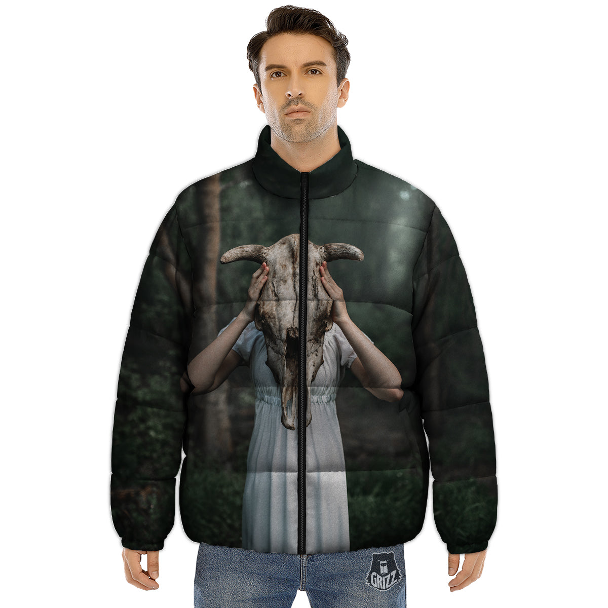 Girl With Animal Skull Print Puffer Jacket-grizzshop