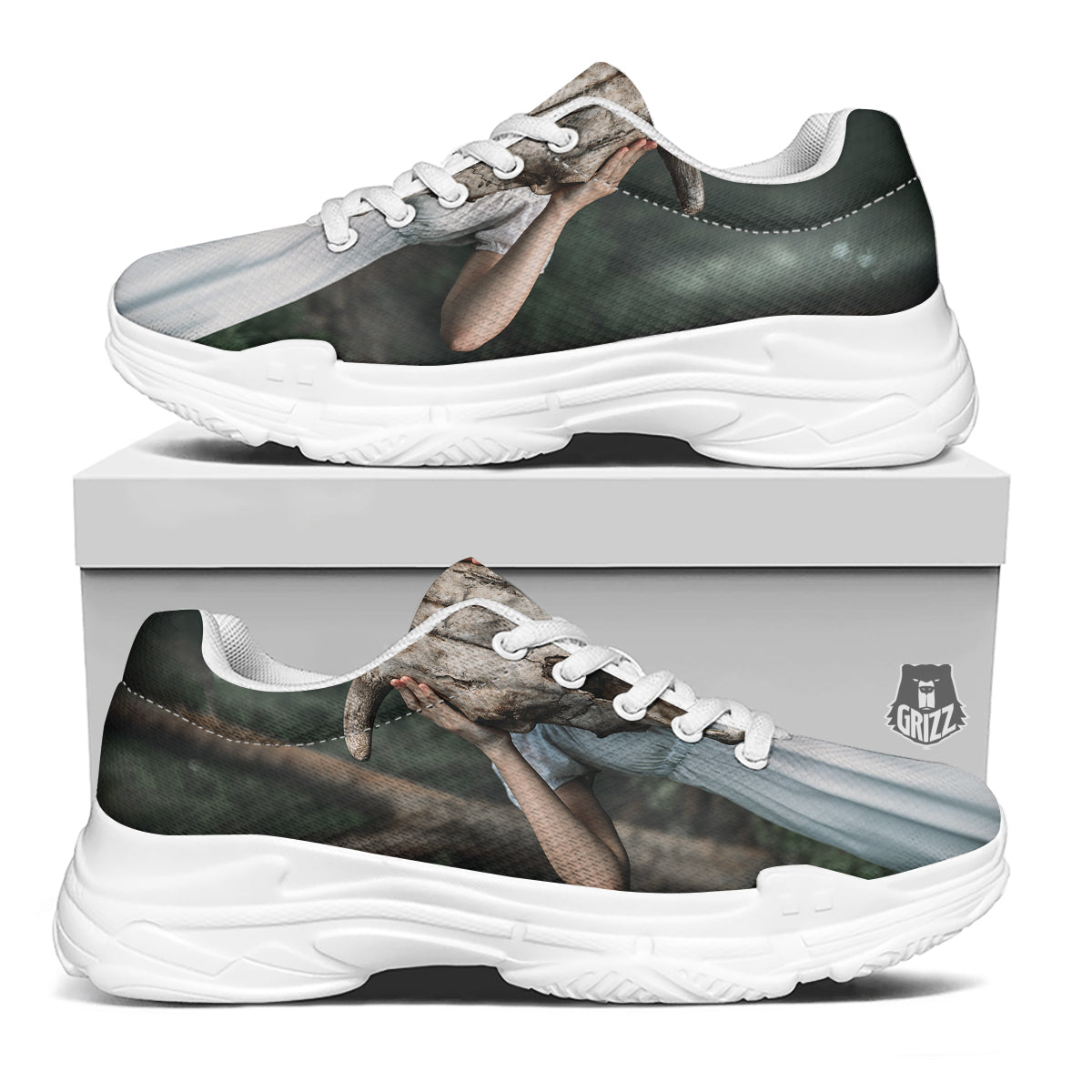 Girl With Animal Skull Print White Chunky Shoes-grizzshop