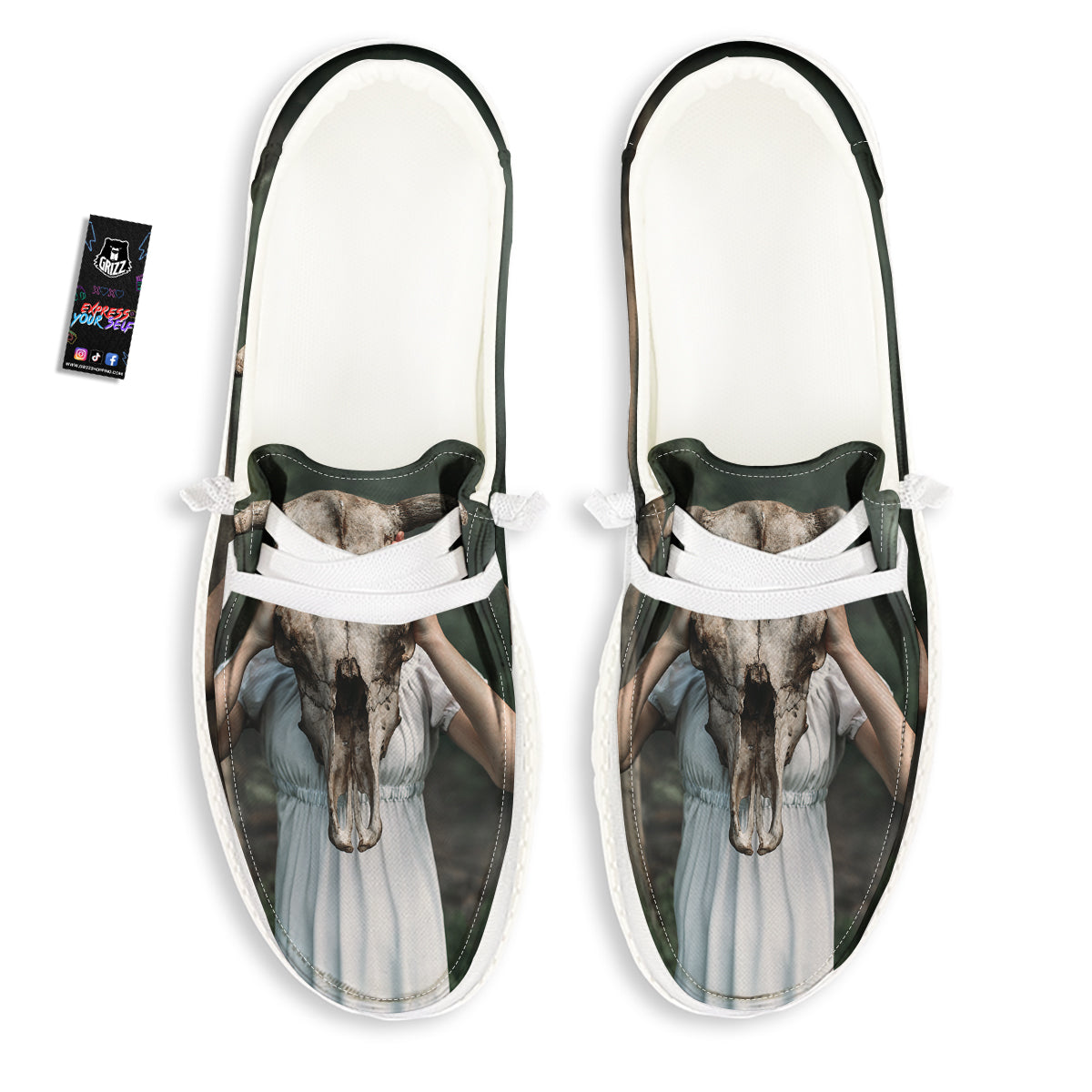 Girl With Animal Skull Print White Loafers-grizzshop