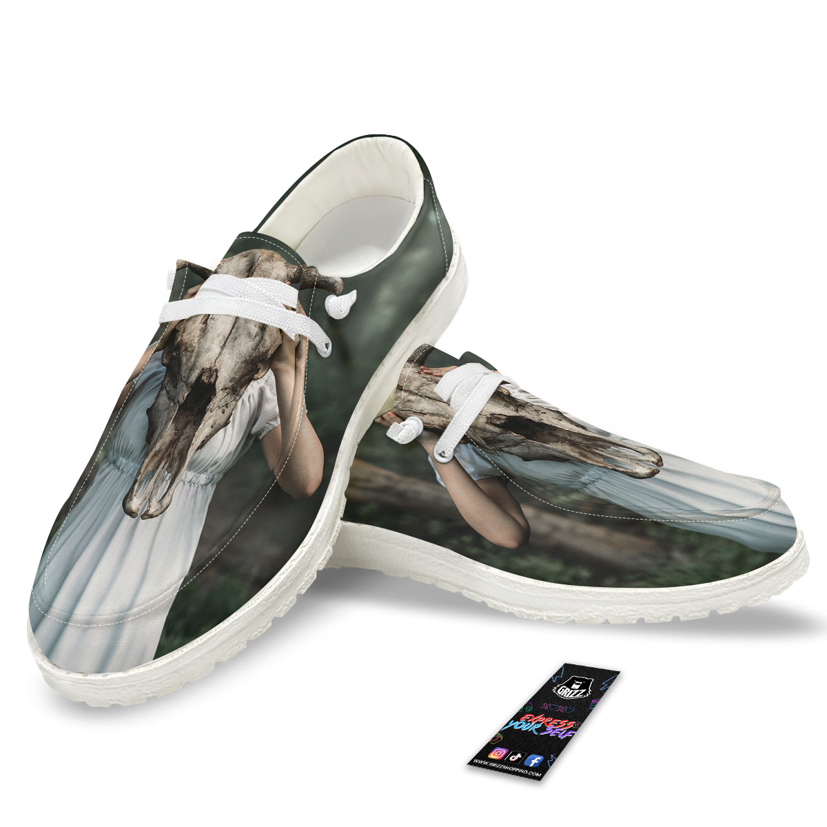 Girl With Animal Skull Print White Loafers-grizzshop