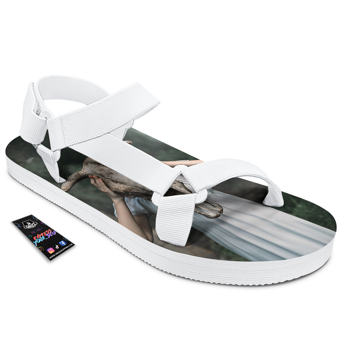 Girl With Animal Skull Print White Open Toe Sandals-grizzshop