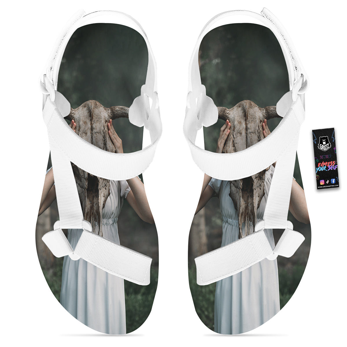 Girl With Animal Skull Print White Open Toe Sandals-grizzshop