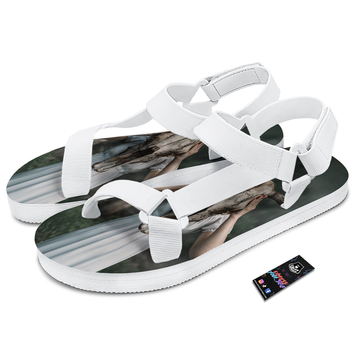 Girl With Animal Skull Print White Open Toe Sandals-grizzshop