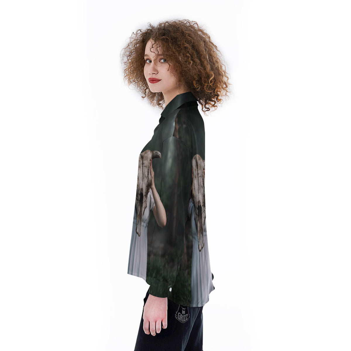 Girl With Animal Skull Print Women's Long Sleeve Shirts-grizzshop