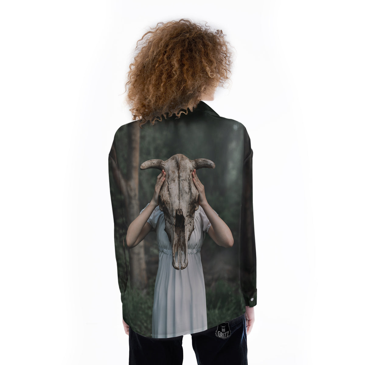 Girl With Animal Skull Print Women's Long Sleeve Shirts-grizzshop