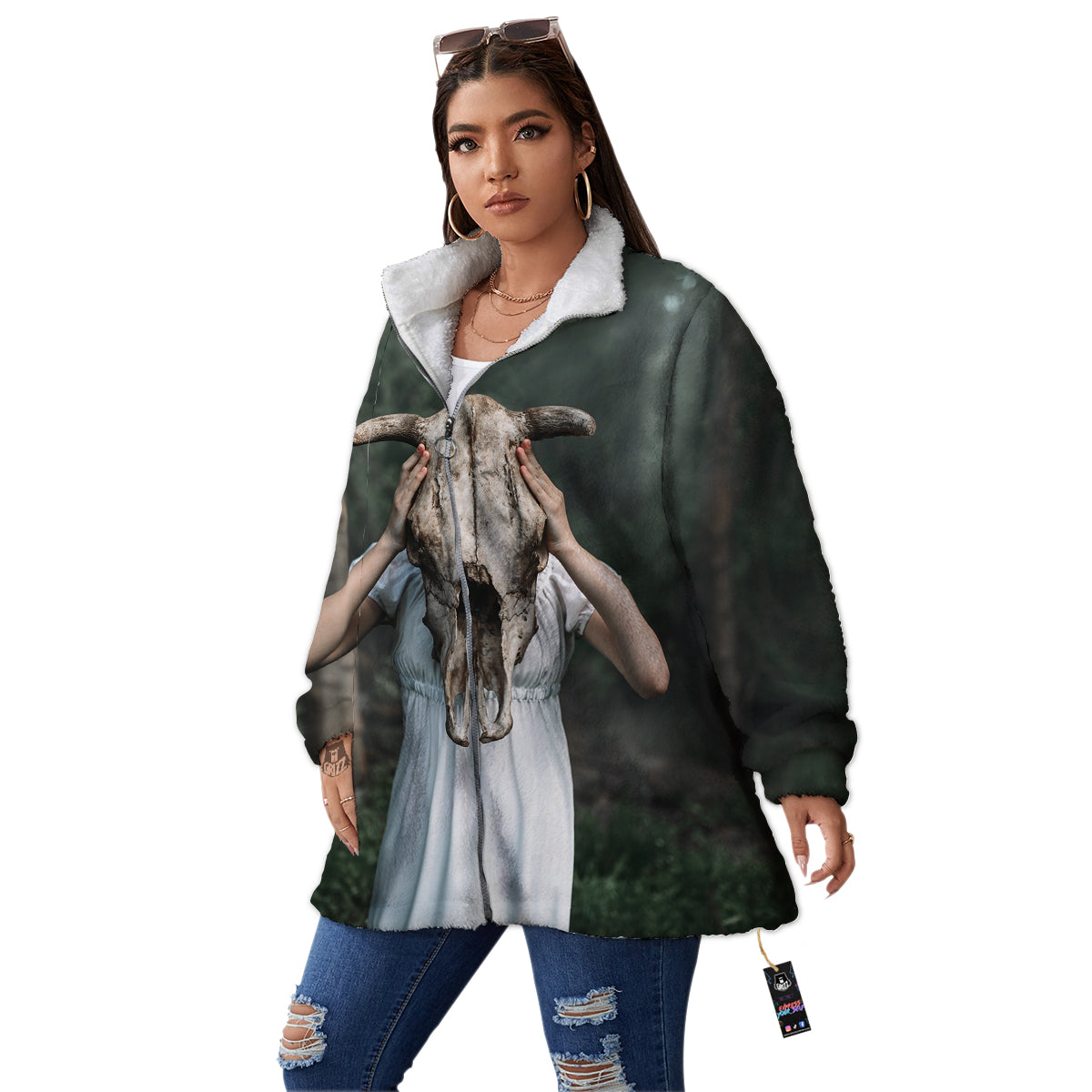 Girl With Animal Skull Print Women's Sherpa Jacket-grizzshop