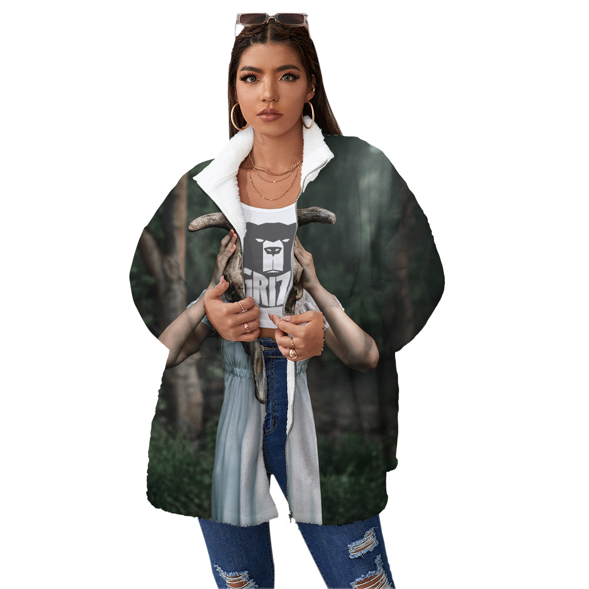 Girl With Animal Skull Print Women's Sherpa Jacket-grizzshop