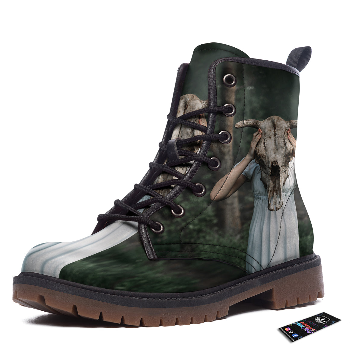 Girl With Animal Skull Print Work Boots-grizzshop