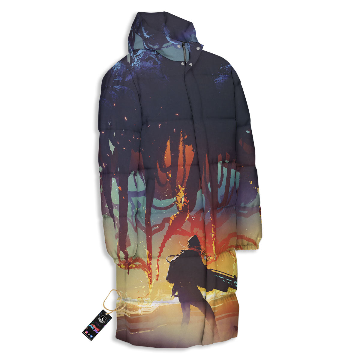 Girl Fight With Alien Octopus Monster Print Long Down Jacket