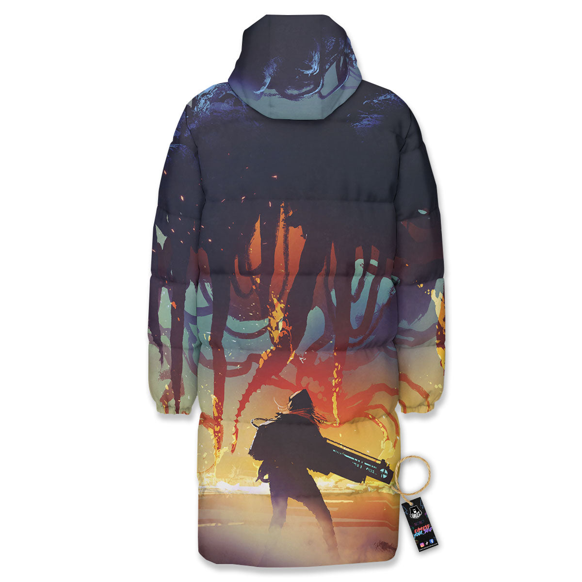 Girl Fight With Alien Octopus Monster Print Long Down Jacket