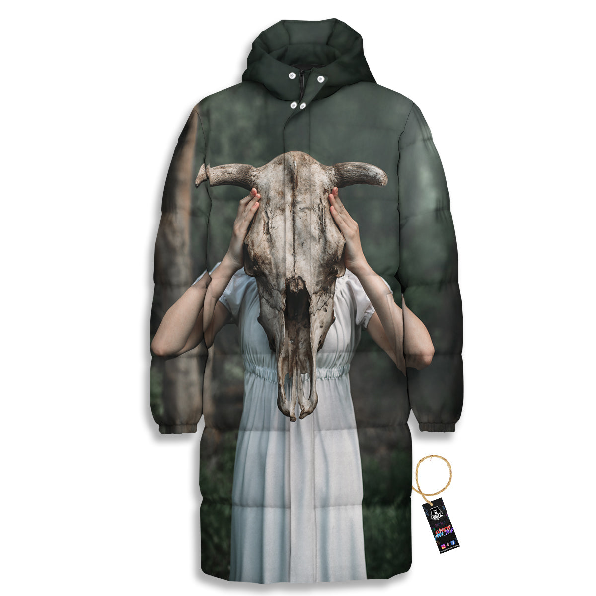 Girl With Animal Skull Print Long Down Jacket