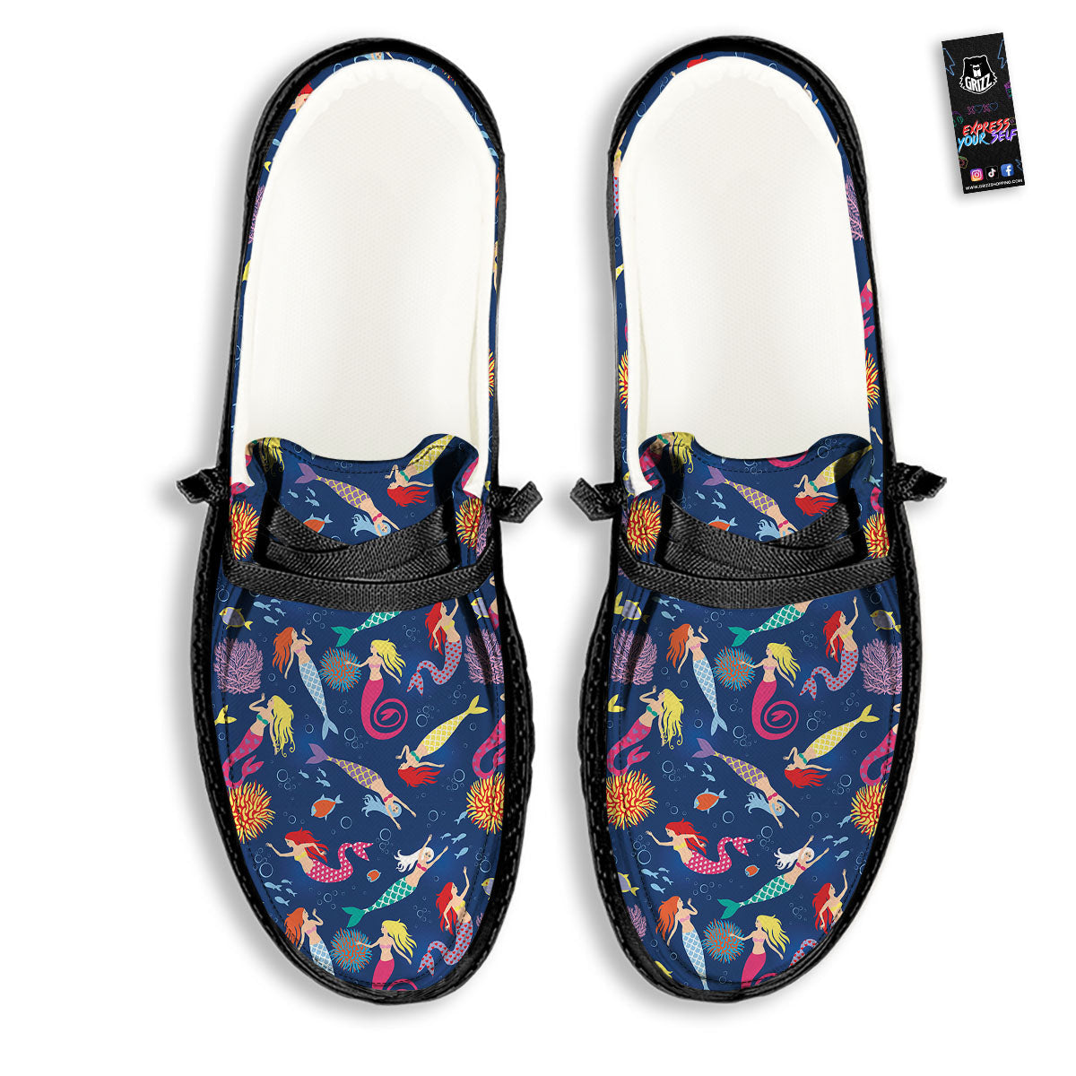Girls Mermaid Print Pattern Black Loafers-grizzshop