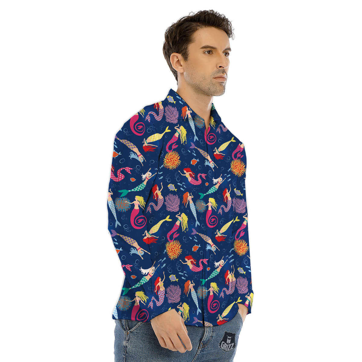 Girls Mermaid Print Pattern Men's Dress Shirts-grizzshop
