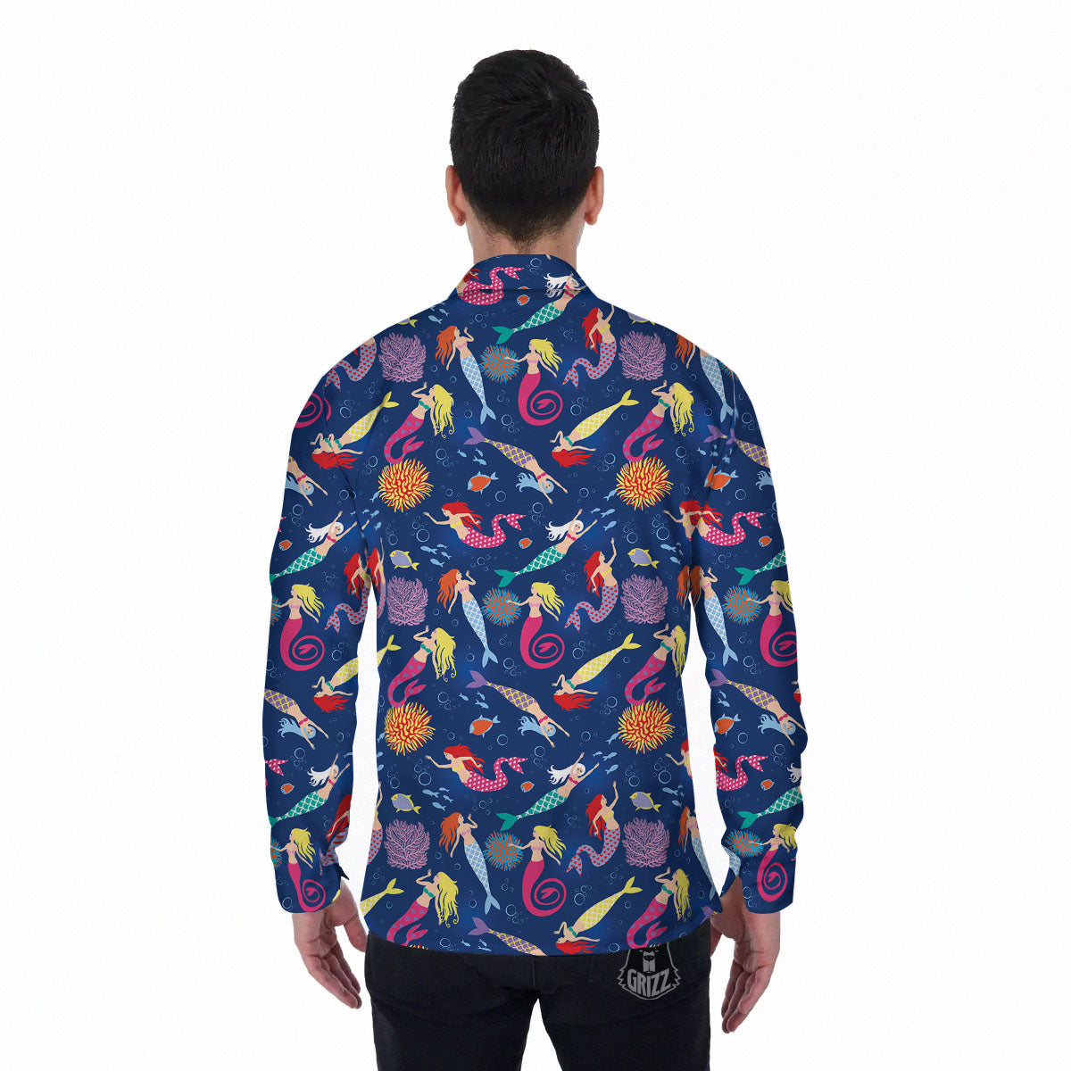 Girls Mermaid Print Pattern Men's Long Sleeve Shirts-grizzshop