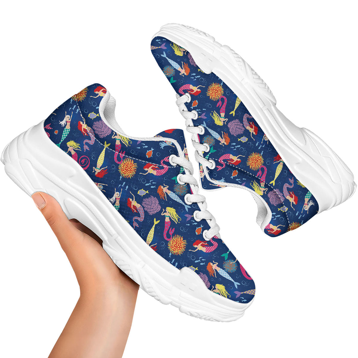 Girls Mermaid Print Pattern White Chunky Shoes-grizzshop