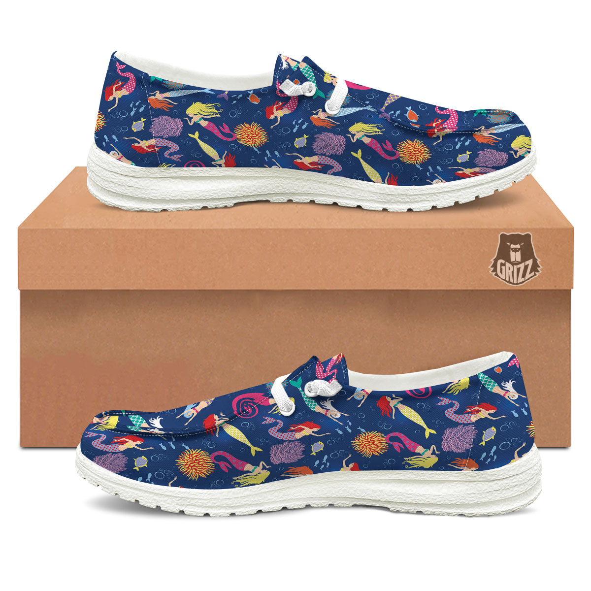 Girls Mermaid Print Pattern White Loafers-grizzshop