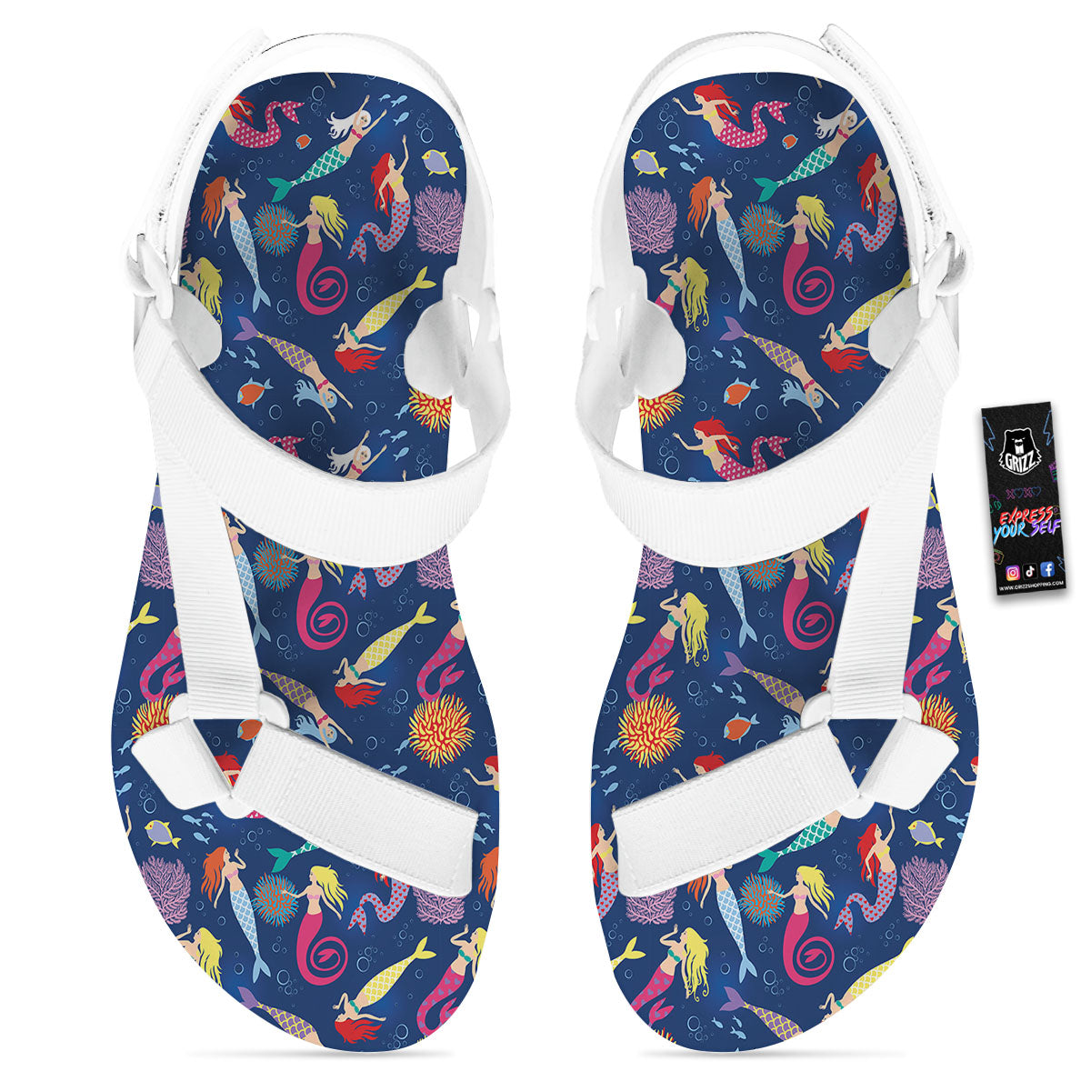 Girls Mermaid Print Pattern White Open Toe Sandals-grizzshop