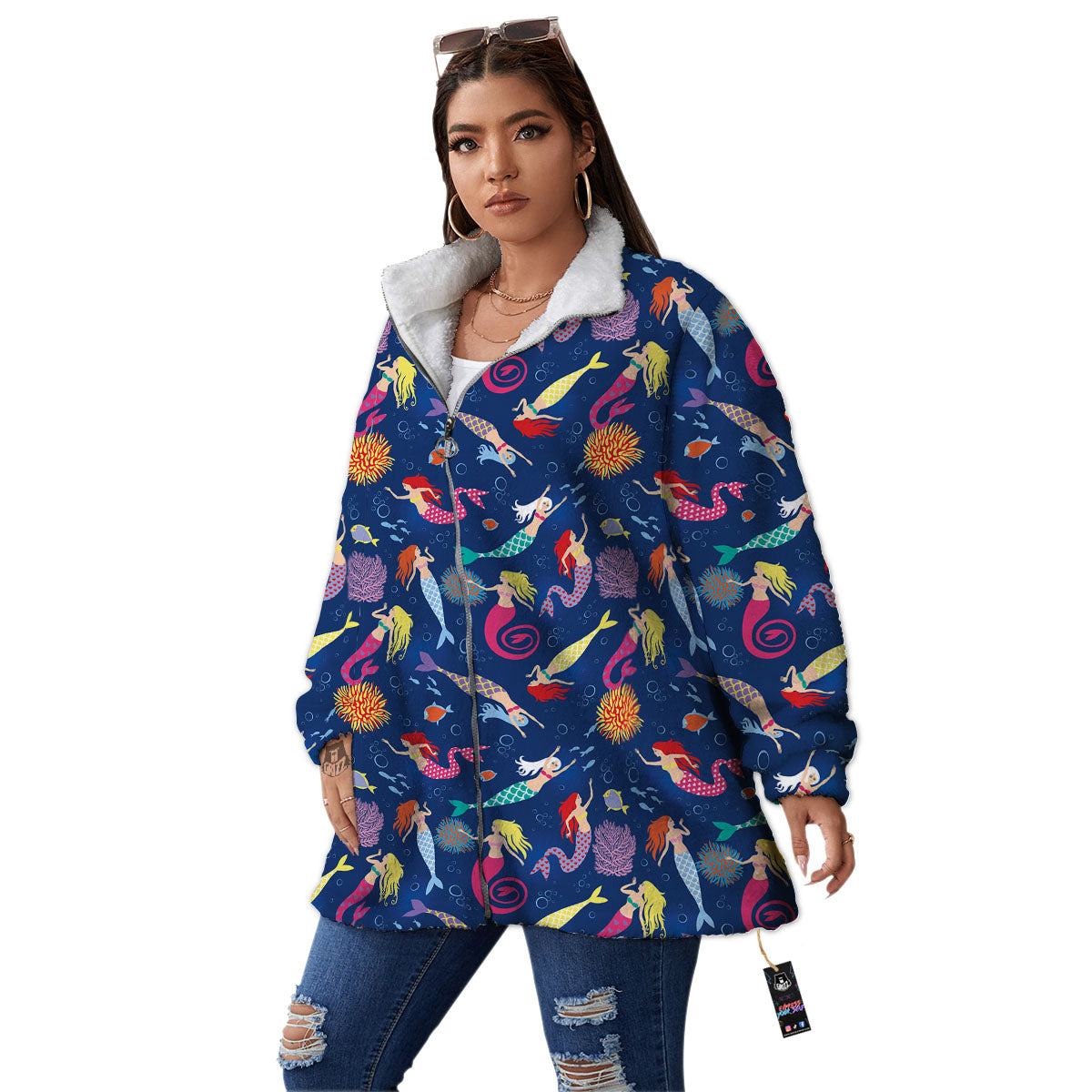 Girls Mermaid Print Pattern Women's Sherpa Jacket-grizzshop