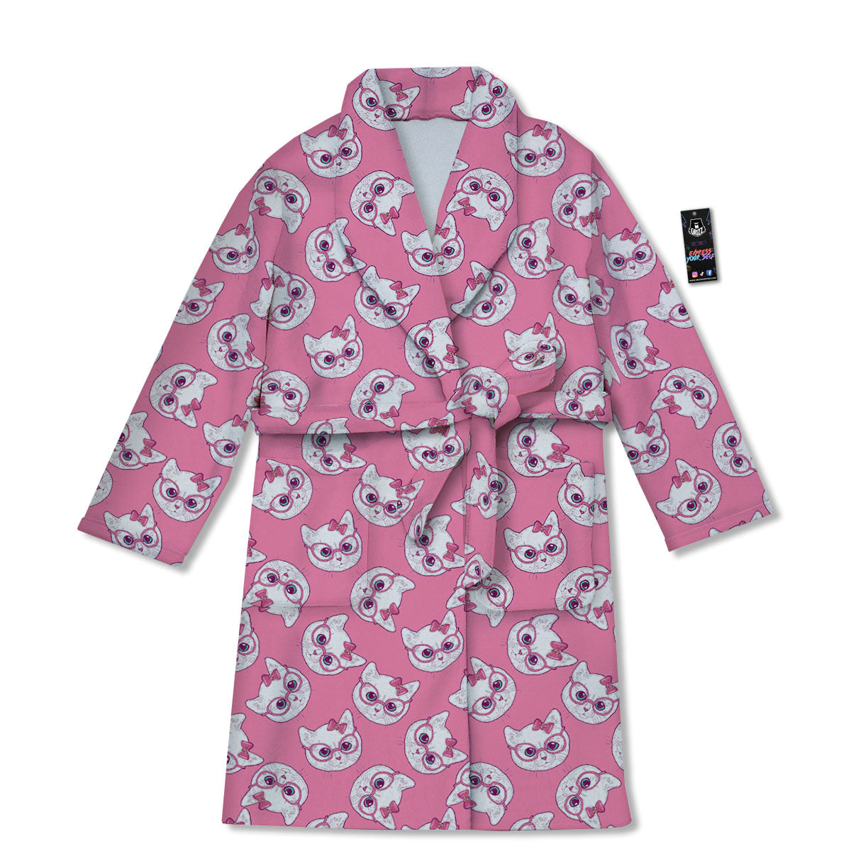 Girly Cat With Glasses Print Pattern Bathrobe-grizzshop