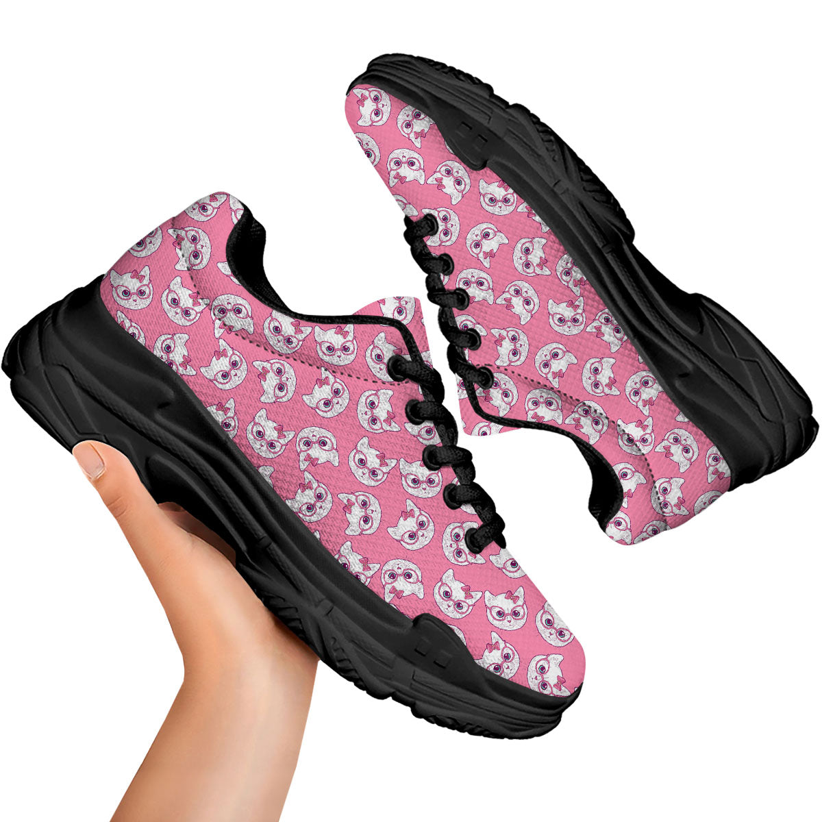Girly Cat With Glasses Print Pattern Black Chunky Shoes-grizzshop
